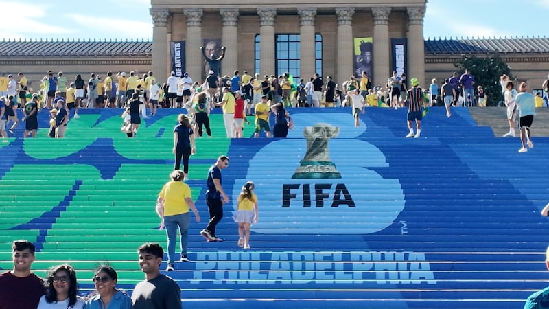 Brazilian fans gathered at the Rock Steps in Philadelphia ahead of the World Cup match with...