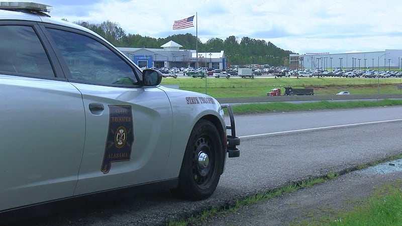 An Alabama State Trooper patrol car on the side of an interstate in west Alabama.