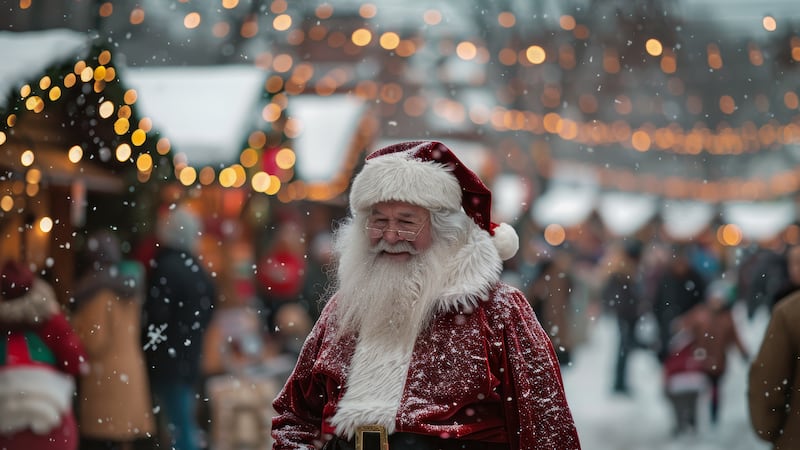Santa claus joyfully engages with participants at a vibrant winter festival, adorned with...