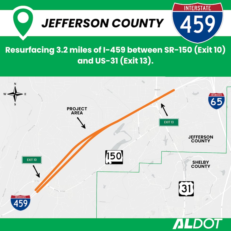 ALDOT inicia un proyecto de repavimentación en la I-459 en Hoover.