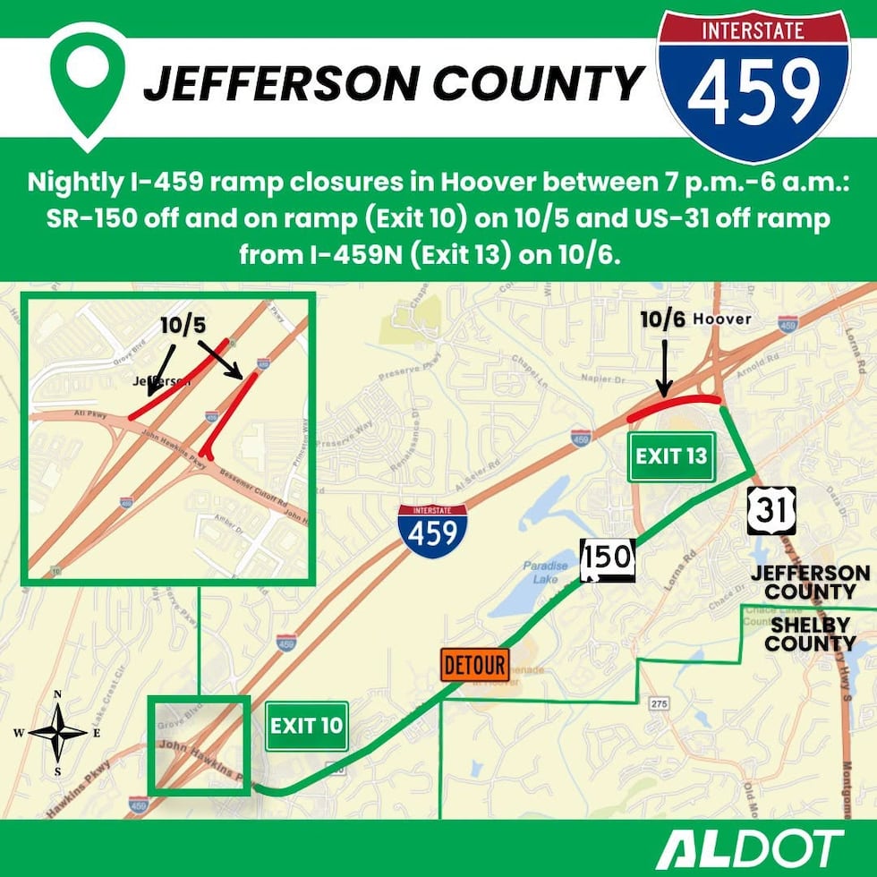 Cierres nocturnos de rampas en la I-459 en Hoover