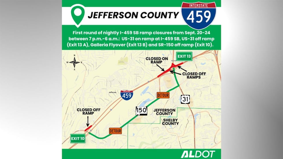 ALDOT advierte sobre próximos cierres nocturnos de rampas en la I-459 en Hoover.