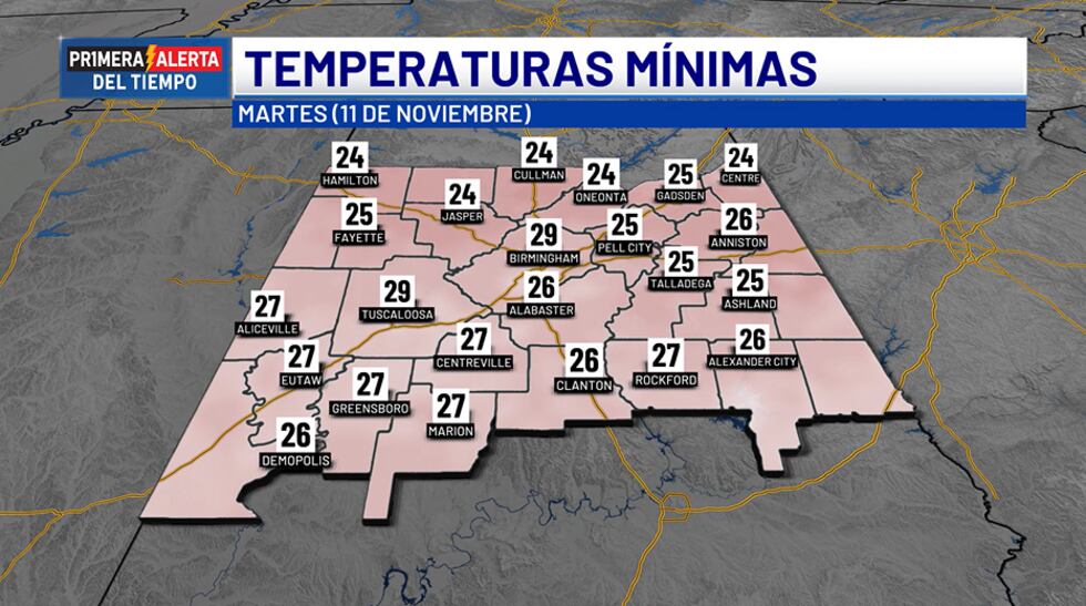 Temperaturas mínimas - martes, 11 de noviembre
