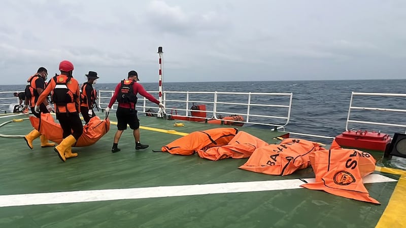 En esta imagen, distribuida por la Agencia Nacional de Búsqueda y Rescate de Indonesia,...