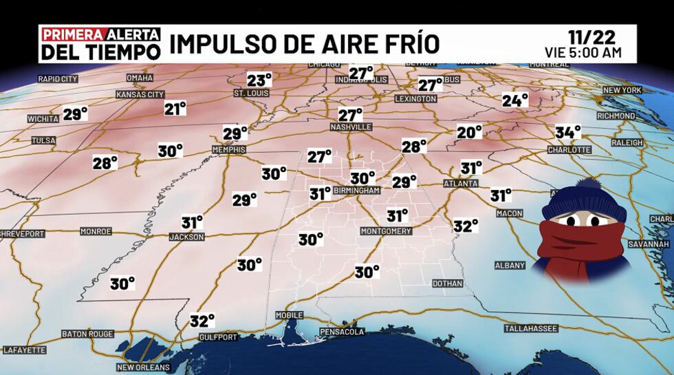 Pronóstico de temperaturas - viernes, 22 de noviembre a las 5 a.m.