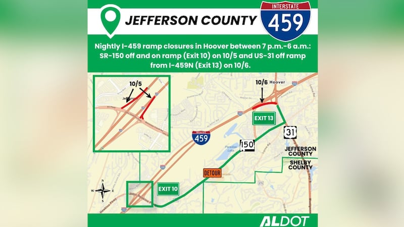 Nightly I-459 ramp closures in Hoover