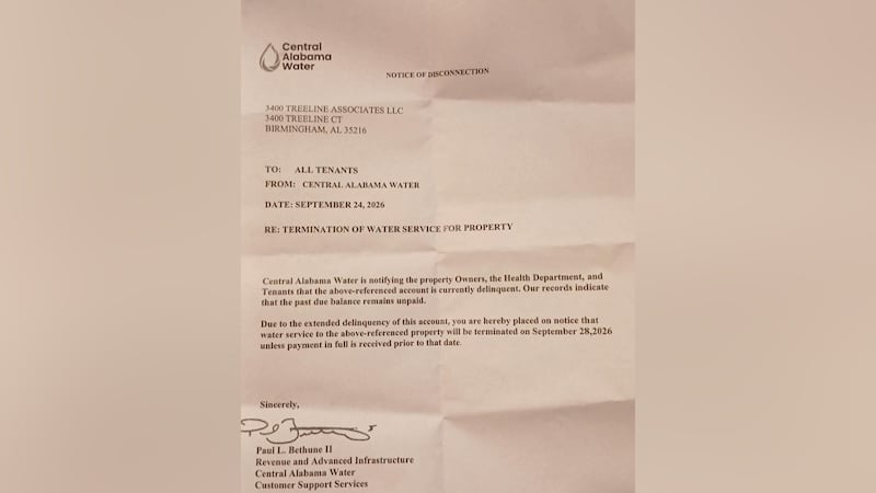 Central Alabama Water sent a notice to the Lorna Place Apartments residents of the water...