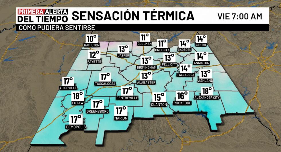 Pronóstico de sensación térmica - viernes 7 a.m.
