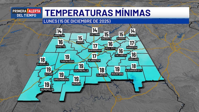 Temperaturas mínimas - lunes, 15 de diciembre